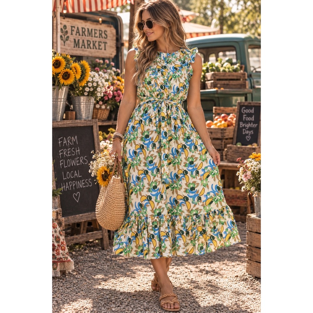 NWT Retro Fruit Print Midi Dress Ruffle Flutter Sleeve Tie Waist M TulipB